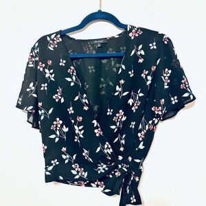 Madewell True Black Botanical  Floral Print Wrap Top Blouse XS EUC
